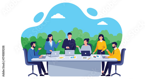 Adobe illustrator artwork vector illustration of a productive business meeting in an office setting, with a team collaborating using laptops and discussing ideas