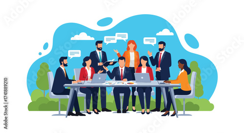 Adobe illustrator artwork vector illustration of a productive business meeting in an office setting, with a team collaborating using laptops and discussing ideas