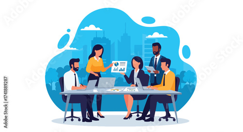 Adobe illustrator artwork vector illustration of a business meeting with a diverse team collaborating around a table with laptops and charts