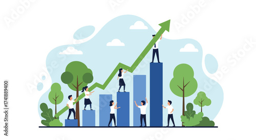Adobe illustrator artwork vector illustration depicting teamwork and business growth, with a diverse group of people collaborating to push an upward trend