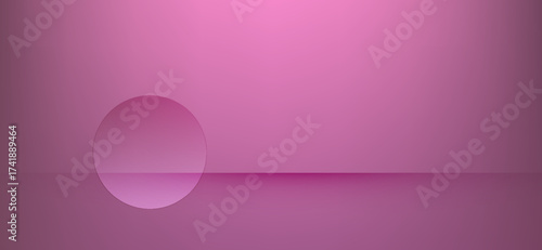 A monochromatic pink backdrop highlights a translucent circle partially above a subtle horizon line, offering a modern, minimalist aesthetic with smooth gradients and soft lighting effects