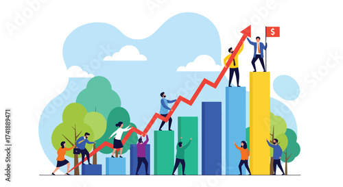 Adobe illustrator artwork vector illustration depicting teamwork and business growth, with a diverse group of people collaborating to push an upward trend