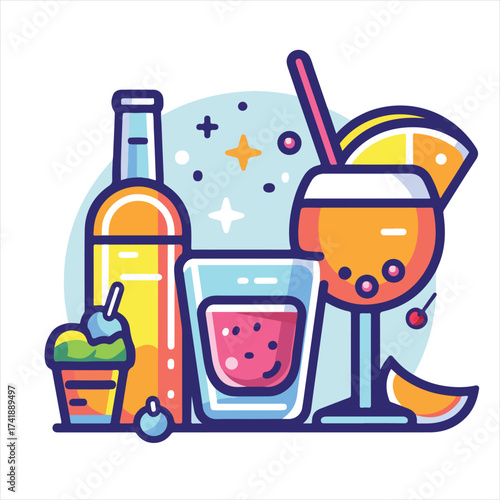 Colorful Beverage and Dessert Illustration with Fruits and Festive Garnishes