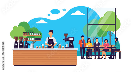 Adobe illustrator artwork vector illustration of a friendly barista in a modern coffee shop, surrounded by various coffee-making equipment