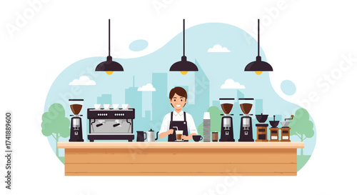Adobe illustrator artwork vector illustration of a friendly barista in a modern coffee shop, surrounded by various coffee-making equipment