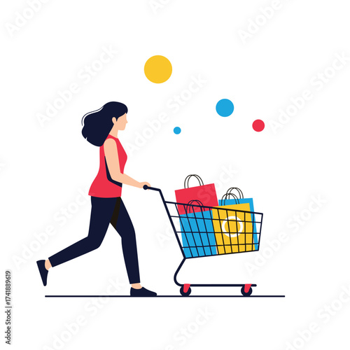 A person is pushing a shopping cart full of bags.