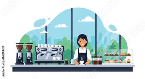 Adobe illustrator artwork vector illustration of a friendly barista in a modern coffee shop, surrounded by various coffee-making equipment