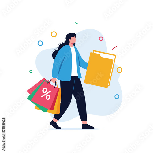 A person holding shopping bags and a folder.