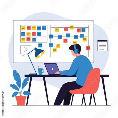 A developer working on a laptop in front of a project management board.