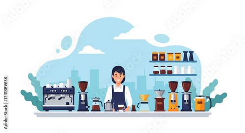 Adobe illustrator artwork vector illustration of a friendly barista in a modern coffee shop, surrounded by various coffee-making equipment