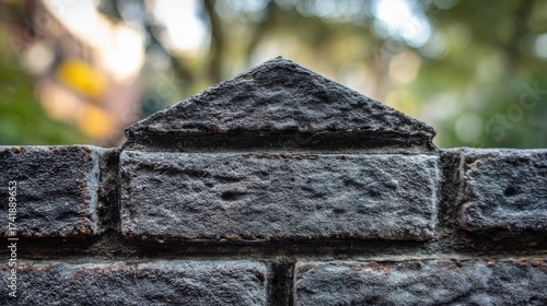 Symmetrical Weathered Brick Wall Texture, Blurred Urban Background Enhancing Rustic Charm.