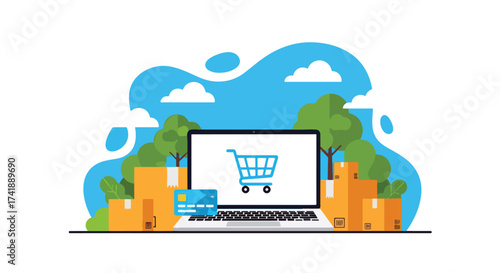 Adobe illustrator artwork vector illustration of online shopping and e-commerce, featuring a laptop, shopping cart, packages, and credit card