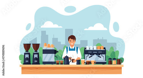 Adobe illustrator artwork vector illustration of a friendly barista in a modern coffee shop, surrounded by various coffee-making equipment
