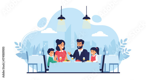 Adobe illustrator artwork vector illustration of a happy family enjoying a meal together at a restaurant, ideal for depicting family dining, lifestyle, and bonding moments