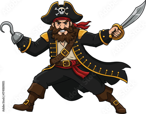 Cartoon pirate character with sword, hook hand, beard, pirate hat, skull emblem, red bandana, detailed costume, adventurous sea illustration