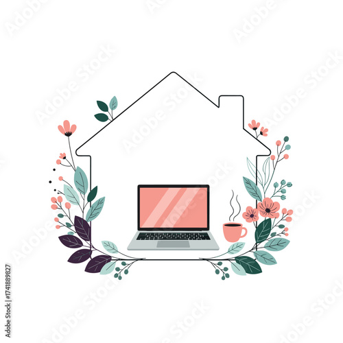 Working from home with a cozy floral frame and a cup of coffee.