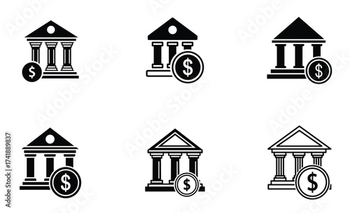 Bank Building Money Icon Set – Financial Institution, Currency Symbol, Investment, and Economy Line Art Collection