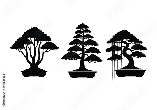 Elegant silhouette bonsai trees vector art collection minimalist japanese garden style vector
