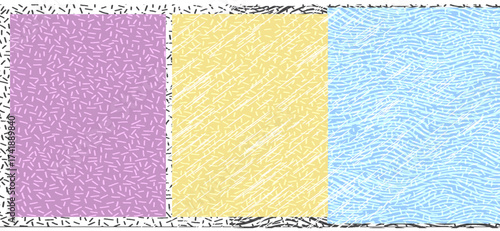 A vibrant geometric artwork features three distinct sections displaying pastel lavender, soft yellow, and light blue hues, adorned with retro-inspired dash patterns and bordered with black strokes