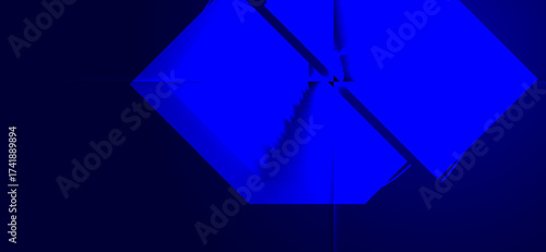 Abstract composition features fragmented blue geometric shapes on a gradient dark blue background, creating a modern, stark visual effect with strong lines and tonal contrasts