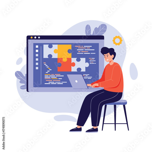 A developer is coding on a laptop in front of a screen displaying puzzle pieces.