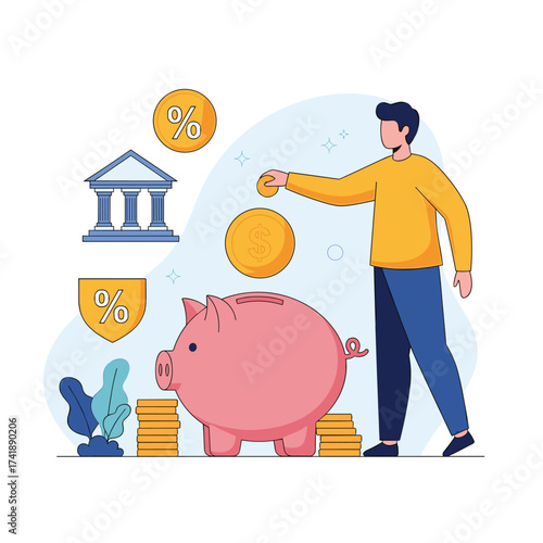 Person saving money in a piggy bank with coins and a bank building.