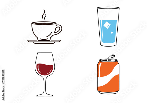 Hand drawn collection of popular drinks coffee wine soda and water glass vector