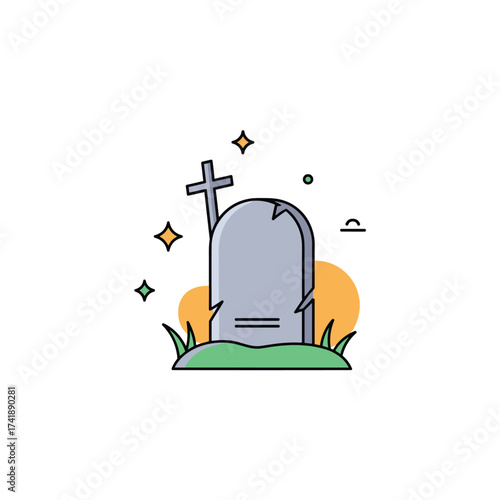 A tombstone and cross stand tall in a grassy graveyard with decorative sparkles.