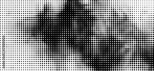 Monochrome visual art presents a halftone design featuring a gradated effect where small black circles dynamically shift into dense clustered patterns against a stark white backdrop