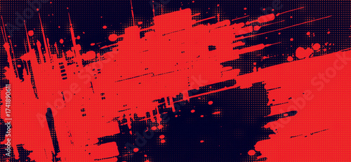 Abstract red and black halftone background features distressed geometric shapes, creating a striking grungy pattern with dynamic spray paint effect and diagonal lines on the dark surface