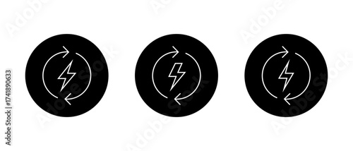 Energy recycle icon in black circle. Sustainable electricity and eco friendly power symbol vector