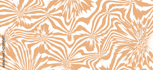 A peach and white abstract background features an op-art style with radial bursts and flowing lines, creating a dynamic and visually engaging psychedelic pattern