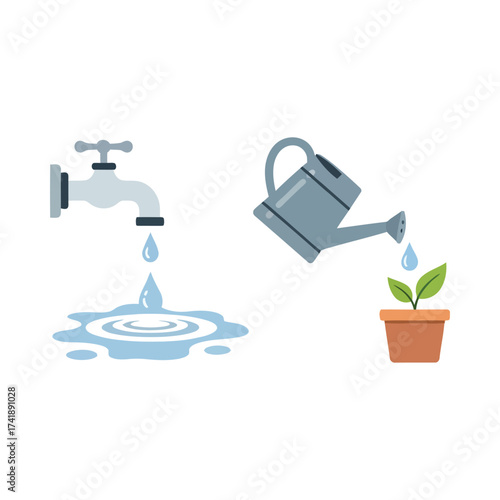 Vector illustration of a dripping faucet and a watering can nurturing a plant vector
