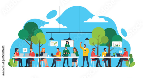 Adobe illustrator artwork vector illustration of people working outdoors in a vibrant park setting, perfect for depicting flexible workspaces, remote work, and modern productivity.