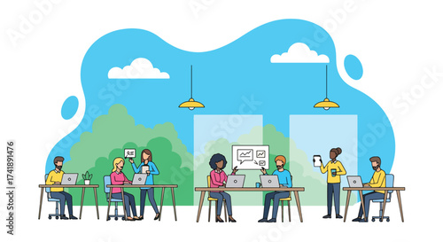 Adobe illustrator artwork vector illustration of people working outdoors in a vibrant park setting, perfect for depicting flexible workspaces, remote work, and modern productivity.