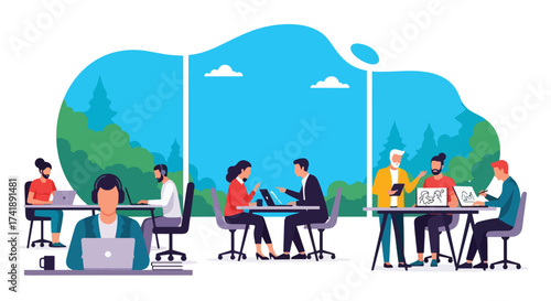 Adobe illustrator artwork vector illustration of people working outdoors in a vibrant park setting, perfect for depicting flexible workspaces, remote work, and modern productivity.
