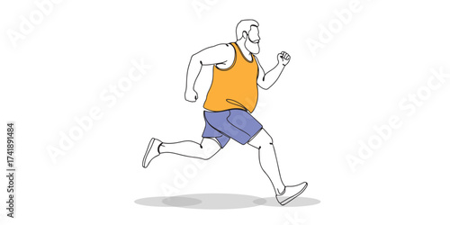 Minimal line art illustration of an overweight man running in sportswear, symbolizing motivation, weight loss, fitness, and healthy lifestyle, perseverance, and body transformation journey.