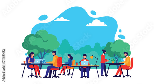 Adobe illustrator artwork vector illustration of people working outdoors in a vibrant park setting, perfect for depicting flexible workspaces, remote work, and modern productivity.