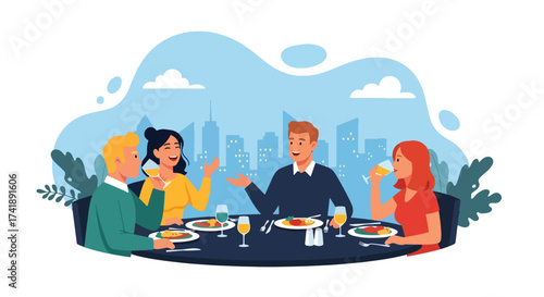 Adobe illustrator artwork vector illustration of four friends enjoying a meal and drinks at a restaurant, perfect for depicting social gatherings, dining, and leisure.