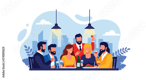 Adobe illustrator artwork vector illustration of four friends enjoying a meal and drinks at a restaurant, perfect for depicting social gatherings, dining, and leisure.
