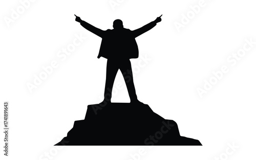 silhouette of a winner,  triumphant person standing on a rocky peak with arms raised in victory and celebration