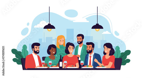 Adobe illustrator artwork vector illustration of four friends enjoying a meal and drinks at a restaurant, perfect for depicting social gatherings, dining, and leisure.