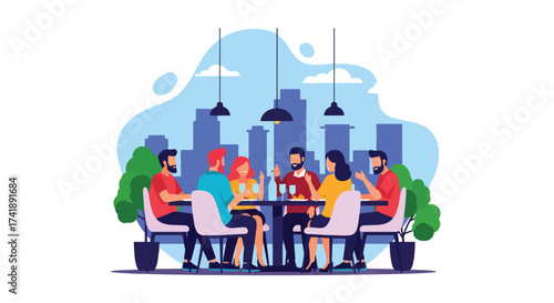 Adobe illustrator artwork vector illustration of four friends enjoying a meal and drinks at a restaurant, perfect for depicting social gatherings, dining, and leisure.