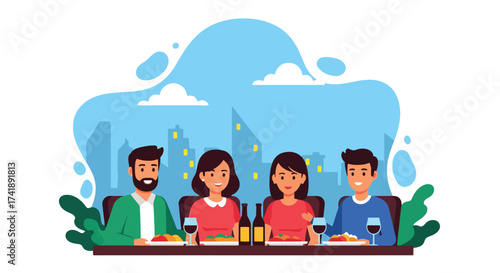 Adobe illustrator artwork vector illustration of four friends enjoying a meal and drinks at a restaurant, perfect for depicting social gatherings, dining, and leisure.