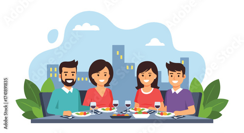 Adobe illustrator artwork vector illustration of four friends enjoying a meal and drinks at a restaurant, perfect for depicting social gatherings, dining, and leisure.