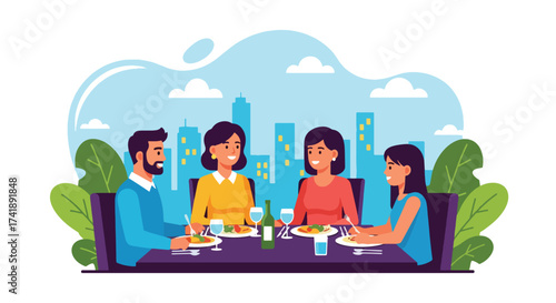 Adobe illustrator artwork vector illustration of four friends enjoying a meal and drinks at a restaurant, perfect for depicting social gatherings, dining, and leisure.