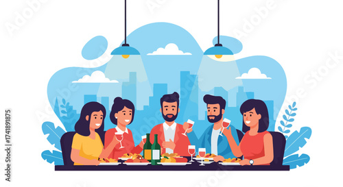 Adobe illustrator artwork vector illustration of four friends enjoying a meal and drinks at a restaurant, perfect for depicting social gatherings, dining, and leisure.