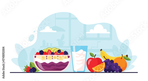 Adobe illustrator artwork vector illustration of a healthy and delicious breakfast spread, perfect for wellness, food blogs, and nutritional content. This SEO-friendly graphic highlights a balanced me