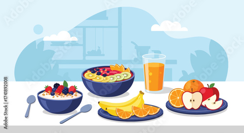 Adobe illustrator artwork vector illustration of a healthy and delicious breakfast spread, perfect for wellness, food blogs, and nutritional content. This SEO-friendly graphic highlights a balanced me