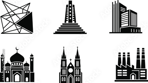 Collection of black building icons including mosque, church, factory, monument, modern skyscraper, abstract architecture design, religion and industrial structure